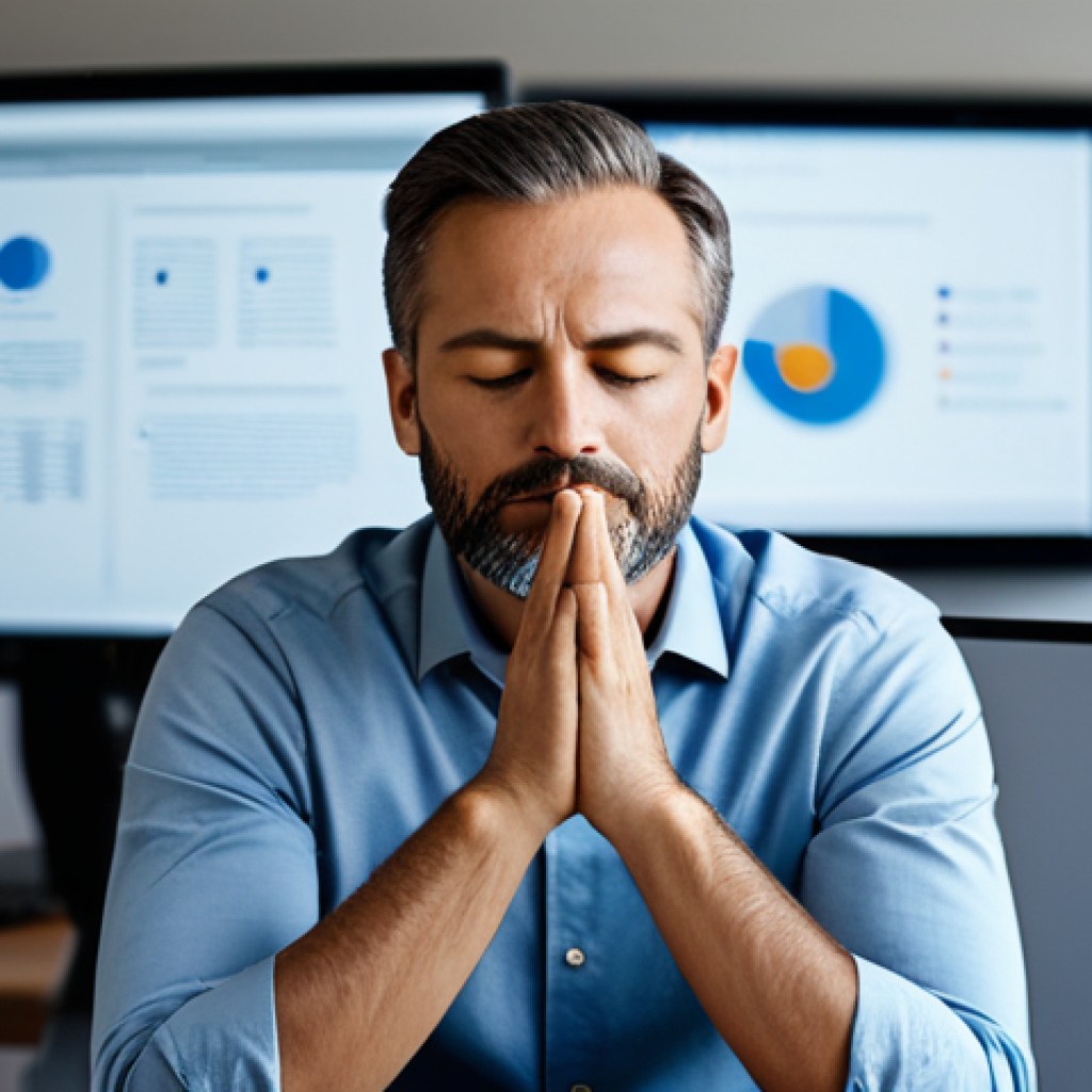 A professional adult, appearing calm and centered, in a modest, professional business casual attire. The subject is seated comfortably in a modern, serene workspace, perhaps with hands gently resting, eyes closed or softly gazing into the distance. The background subtly depicts blurred, non-distracting digital screens like a laptop or tablet, symbolizing the digital world but with the subject not actively engaging with them. Soft, ambient lighting creates a peaceful atmosphere. fully clothed, modest clothing, appropriate attire, professional dress, safe for work, appropriate content, professional, family-friendly, perfect anatomy, correct proportions, natural pose, well-formed hands, proper finger count, natural body proportions, high-quality, professional photography.