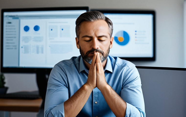A professional adult, appearing calm and centered, in a modest, professional business casual attire. The subject is seated comfortably in a modern, serene workspace, perhaps with hands gently resting, eyes closed or softly gazing into the distance. The background subtly depicts blurred, non-distracting digital screens like a laptop or tablet, symbolizing the digital world but with the subject not actively engaging with them. Soft, ambient lighting creates a peaceful atmosphere. fully clothed, modest clothing, appropriate attire, professional dress, safe for work, appropriate content, professional, family-friendly, perfect anatomy, correct proportions, natural pose, well-formed hands, proper finger count, natural body proportions, high-quality, professional photography.