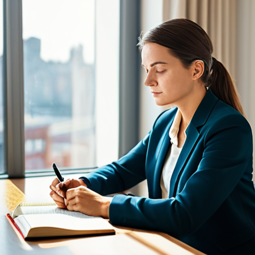 A serene professional woman, fully clothed in a modest, elegant business casual outfit, sitting comfortably at a modern, uncluttered desk. She is thoughtfully writing in a journal, a pen in hand, with a gentle, introspective expression, representing emotional intelligence and self-reflection. The background is a bright, calm study with natural light filtering through a window, showing a blurred cityscape. The atmosphere is peaceful and conducive to deep thought. Perfect anatomy, correct proportions, natural pose, well-formed hands, proper finger count. Professional photography, high detail, warm lighting, soft focus background, safe for work, appropriate content, fully clothed, family-friendly, high quality.