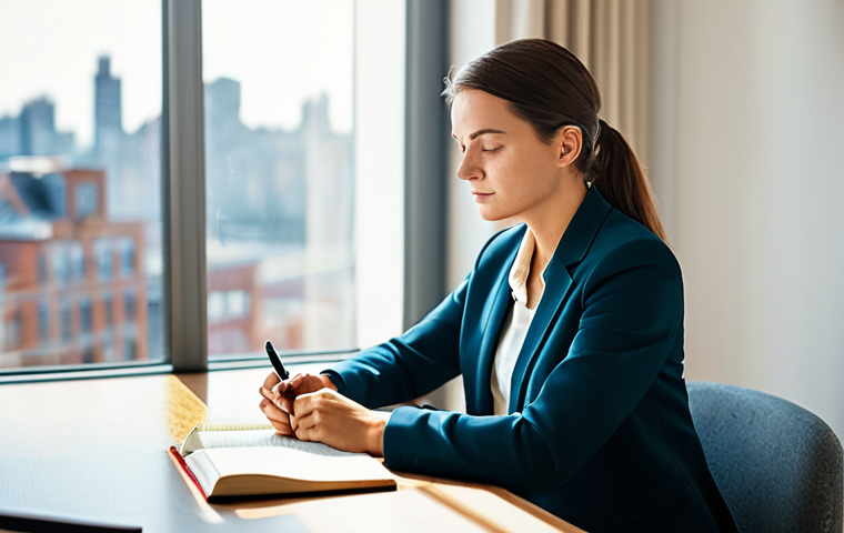 A serene professional woman, fully clothed in a modest, elegant business casual outfit, sitting comfortably at a modern, uncluttered desk. She is thoughtfully writing in a journal, a pen in hand, with a gentle, introspective expression, representing emotional intelligence and self-reflection. The background is a bright, calm study with natural light filtering through a window, showing a blurred cityscape. The atmosphere is peaceful and conducive to deep thought. Perfect anatomy, correct proportions, natural pose, well-formed hands, proper finger count. Professional photography, high detail, warm lighting, soft focus background, safe for work, appropriate content, fully clothed, family-friendly, high quality.
