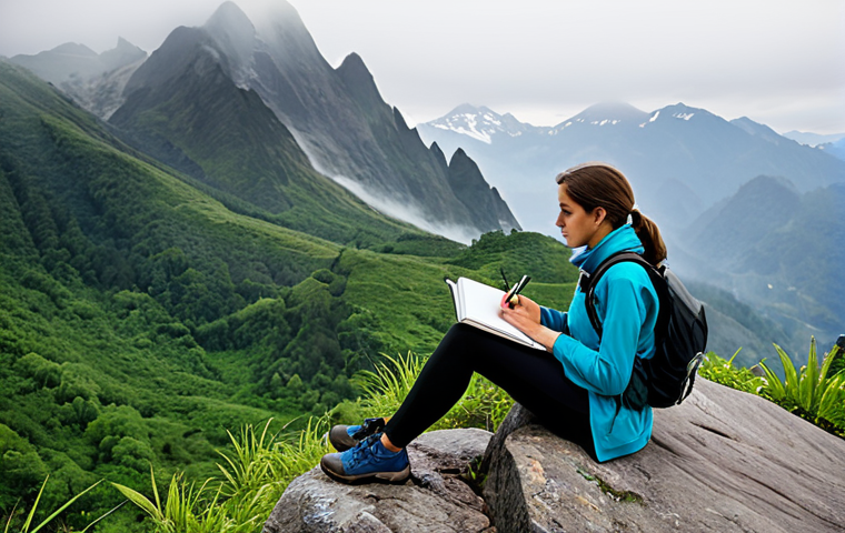 Mountain Retreat**

A serene woman in comfortable, modest hiking attire sits on a rock overlooking a misty mountain landscape. She is journaling in a notebook. Background features include lush greenery and distant peaks. Safe for work, appropriate content, fully clothed, professional photography, perfect anatomy, natural proportions, family-friendly.

**
