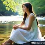 내면의 갈등 해결하기 위한 방법 - **Prompt: A serene woman in her late 20s, with a gentle smile, sitting cross-legged on a smooth rive...
