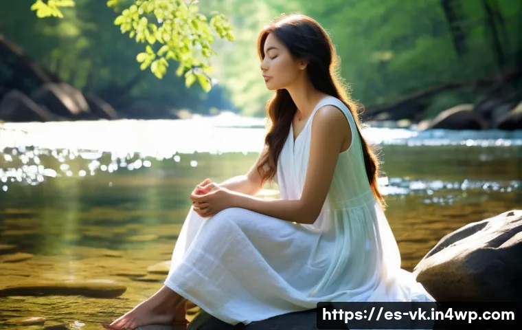 내면의 갈등 해결하기 위한 방법 - **Prompt: A serene woman in her late 20s, with a gentle smile, sitting cross-legged on a smooth rive...