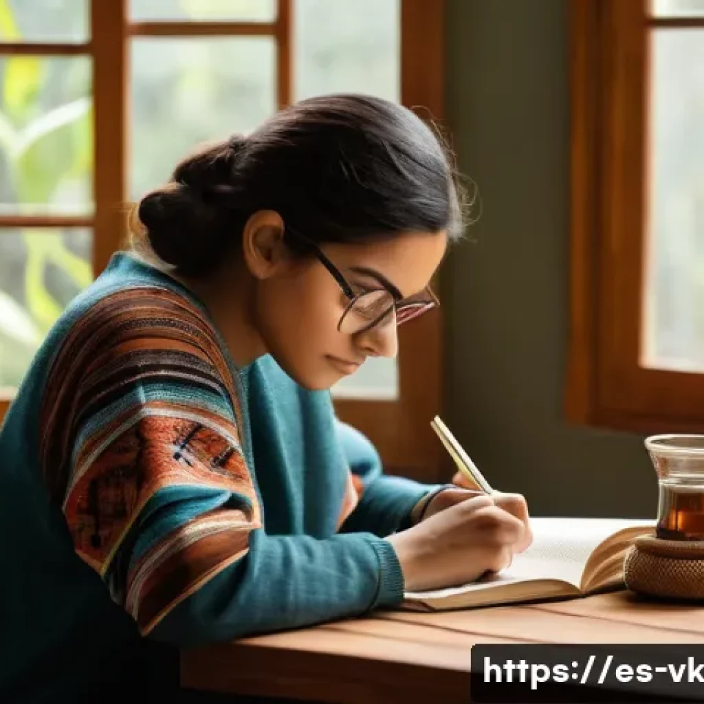 과거와 현재를 연결하는 내면 탐색 - A serene scene of a thoughtful young Hispanic adult sitting at a wooden desk near a window with soft...