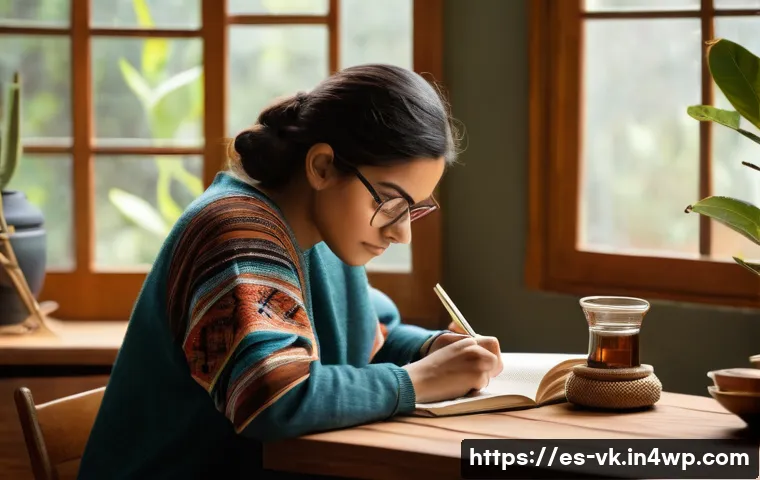 과거와 현재를 연결하는 내면 탐색 - A serene scene of a thoughtful young Hispanic adult sitting at a wooden desk near a window with soft...