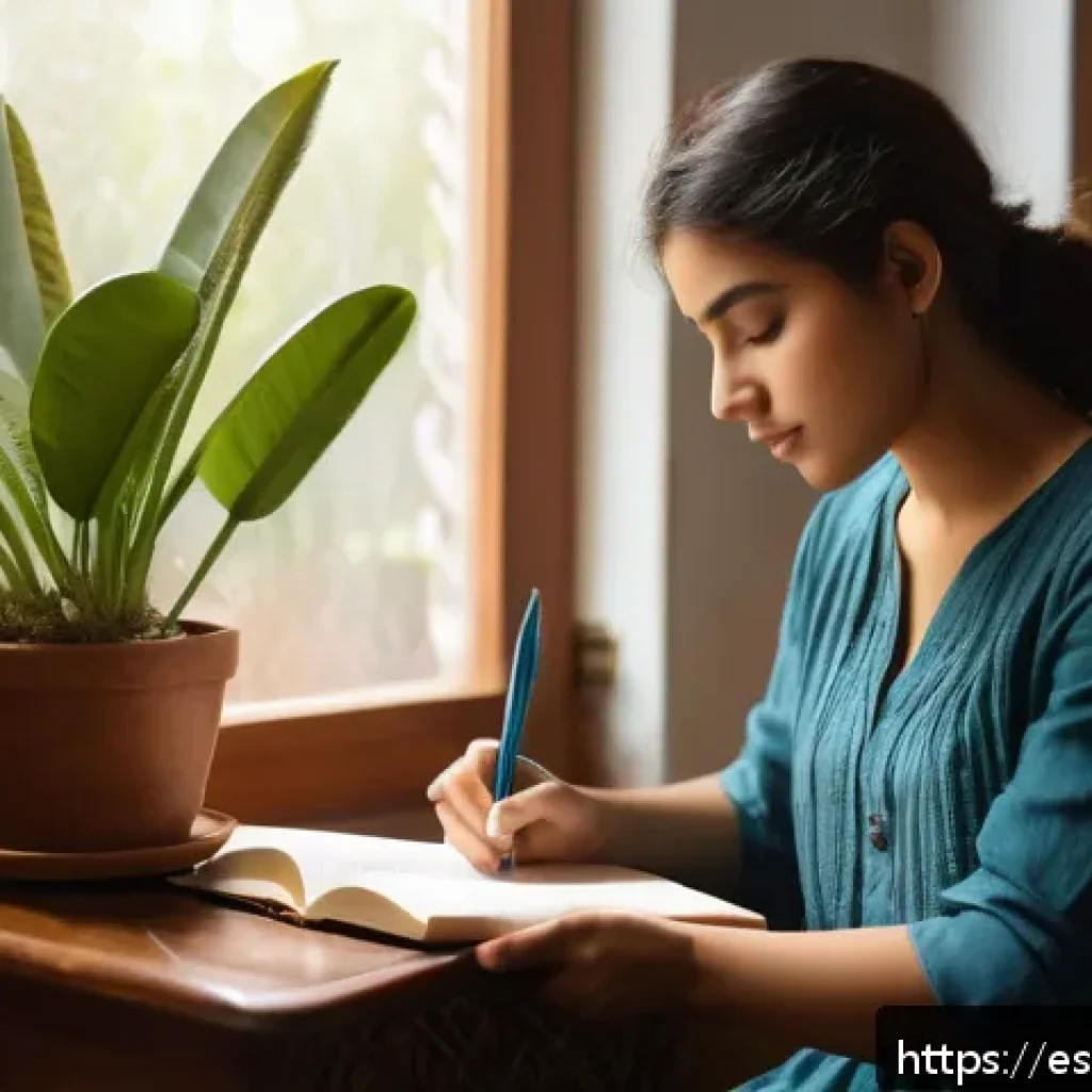 심층 내면 탐색과 자아 발견 - A serene scene of a young Hispanic woman sitting peacefully in a sunlit room, journaling her emotion...