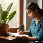 심층 내면 탐색과 자아 발견 - A serene scene of a young Hispanic woman sitting peacefully in a sunlit room, journaling her emotion...