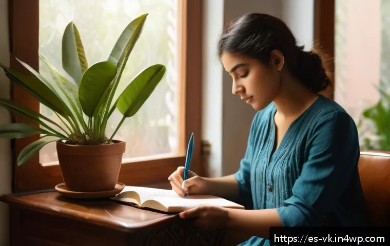 심층 내면 탐색과 자아 발견 - A serene scene of a young Hispanic woman sitting peacefully in a sunlit room, journaling her emotion...
