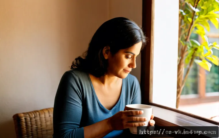 Home 17 심층 내면 탐색과 긍정적 사고 - Photorealistic scene of a thoughtful Hispanic woman in her 40s sitting beside a sunlit window in a c...